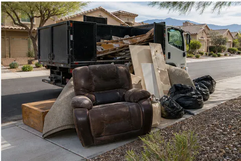 Curbside junk removal pickup with bulky furniture, debris and trash bags beside a hauling truck