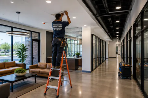 Vegas Valley technician working from a ladder in a commercial space