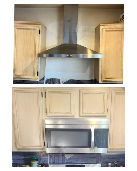 Kitchen remodeling project photo with cabinetry, counters and finished floor detail