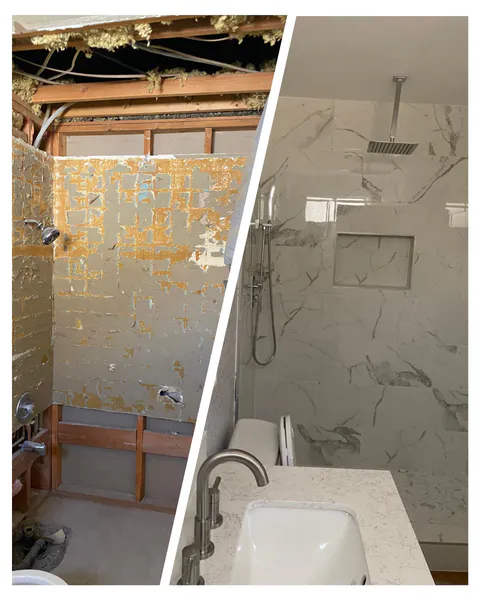 Bathroom remodel work in progress with tile and fixture updates