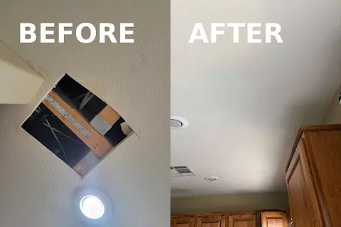 Drywall repair project photo showing wall or ceiling patch and finish work
