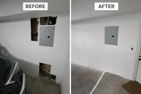 Drywall repair project photo showing wall or ceiling patch and finish work