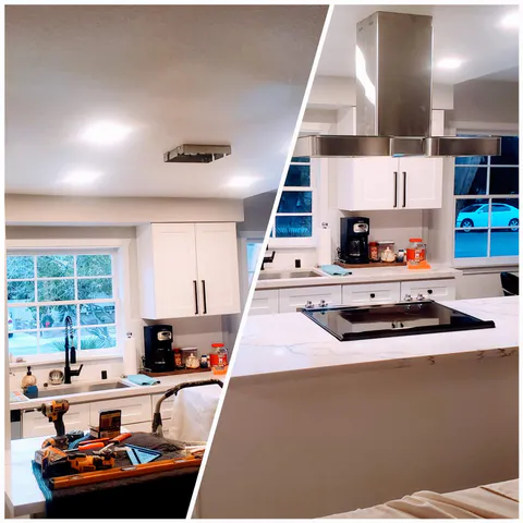 Kitchen remodeling project photo showing cabinets, countertops, backsplash and finish work